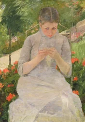 Fiatal nő varr a kertben, 1880-82 körül